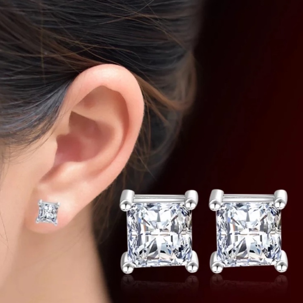 NEW 925 SILVER DIAMOND SQUARE STUD EARRINGS